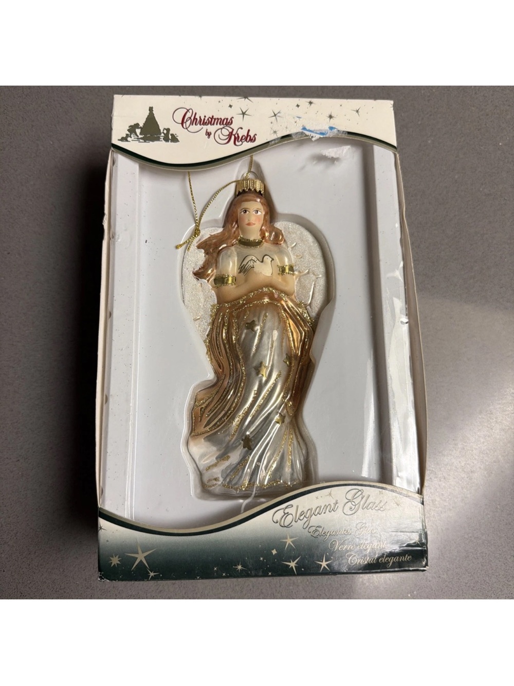 Christmas by Krebs Glass Angel Dove Ornament Gold Silver Glitter Boxed